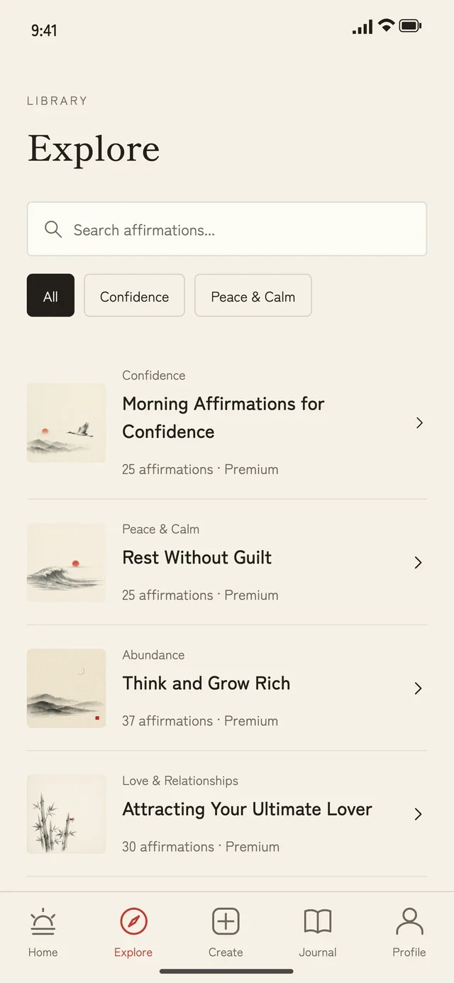 RiseWithin Explore screen with illustrated affirmation sessions
