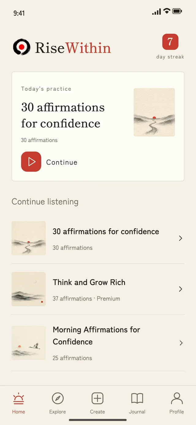 RiseWithin Home with a personalized session of 30 affirmations for confidence